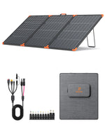 ZOUPW portable solar panel with a 4-in-1 cable, DC adapters, and a grey carrying bag on a white background.