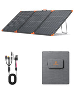 ZOUPW portable solar panel with a 4-in-1 cable, DC adapters, and a grey carrying bag on a white background.