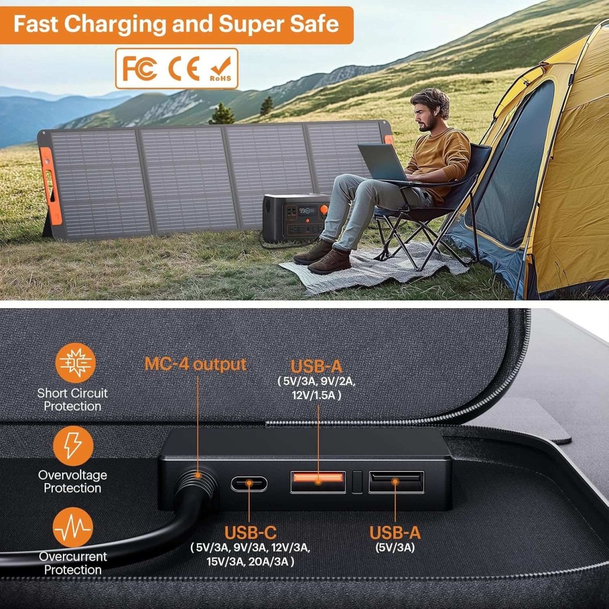 200W Portable Solar Panel With Solar Angle Guide - zoupw