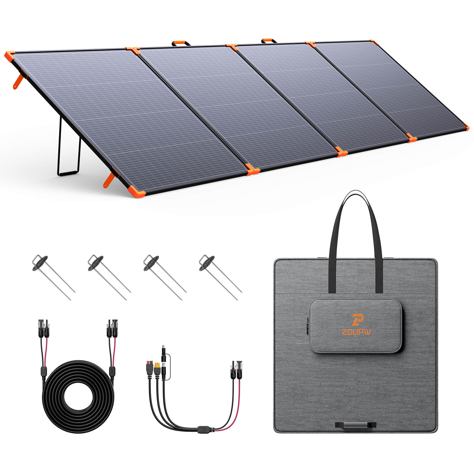ZOUPW foldable bifacial solar panel extended with carrying bag, cables, and ground pegs.