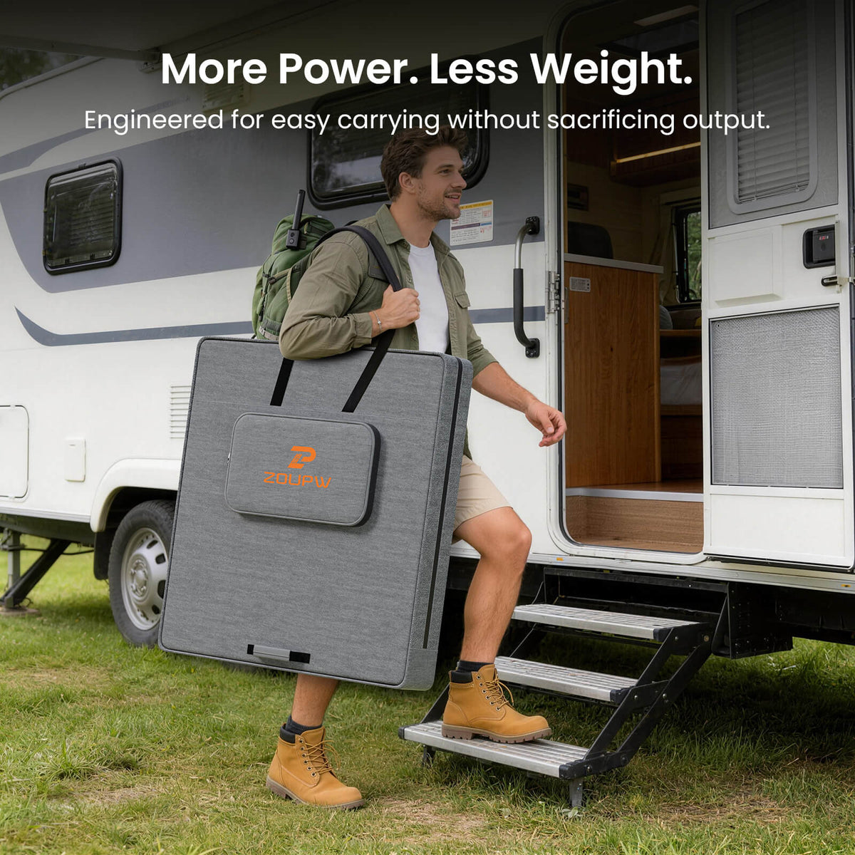 A man carrying the folded ZOUPW solar panel in its gray storage bag.
