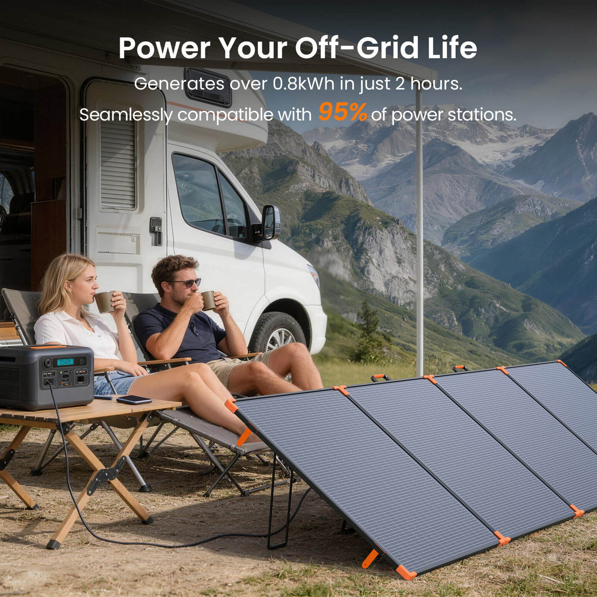 Charging a portable power station with ZOUPW foldable solar panel during RV camping.