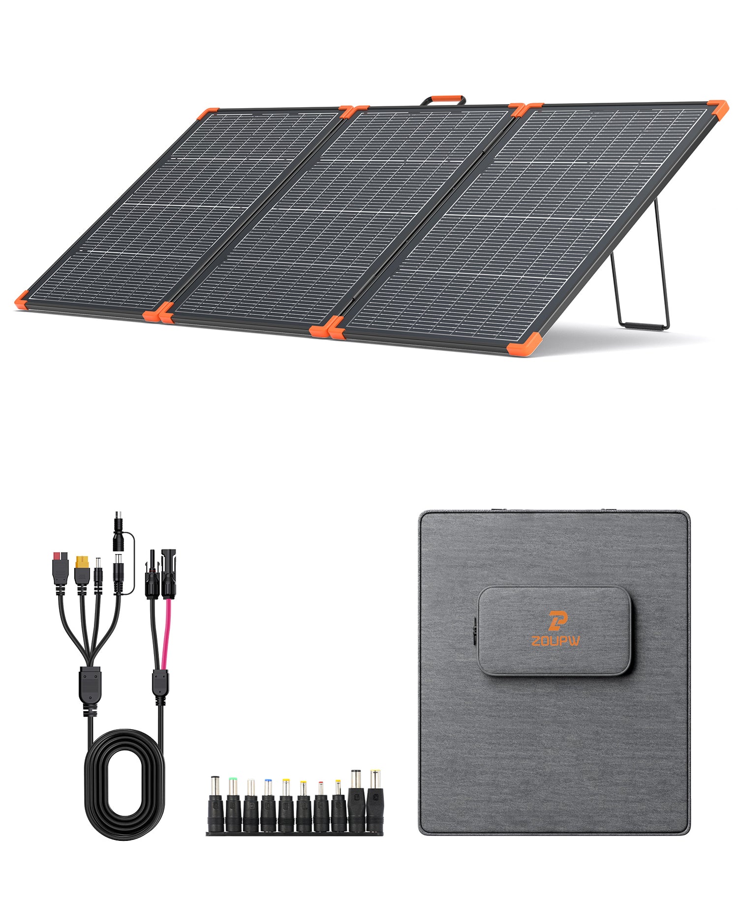 ZOUPW portable solar panel with a 4-in-1 cable, DC adapters, and a grey carrying bag on a white background.