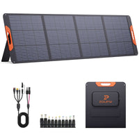An unfolded 4-panel solar panel shown with a charging cable, 10 adapter tips, and a folded carrying bag.