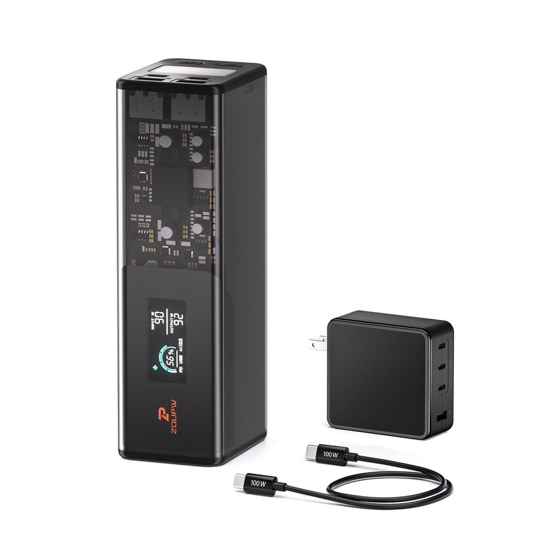 ZOUPW 27000mAh portable power station with a 100W GaN charger and USB-C cable on a white background.